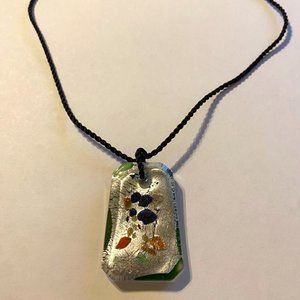 NWT! Kalifano-Murano Art Glass Necklace Pendant Foil Green Rectangle Black Cord
